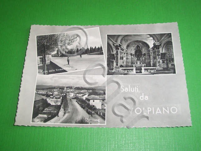 Cartolina Volpiano - Panorama , parco e chiesa 1955 ca