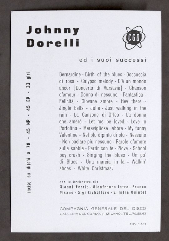 Cartoncino pubblicitario Dischi CGD - Johnny Dorelli - anni '60