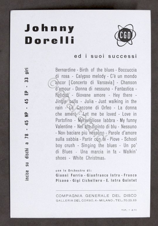 Cartoncino pubblicitario Dischi CGD - Johnny Dorelli - anni '60