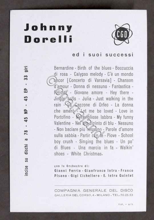 Cartoncino pubblicitario Dischi CGD - Johnny Dorelli - anni '60