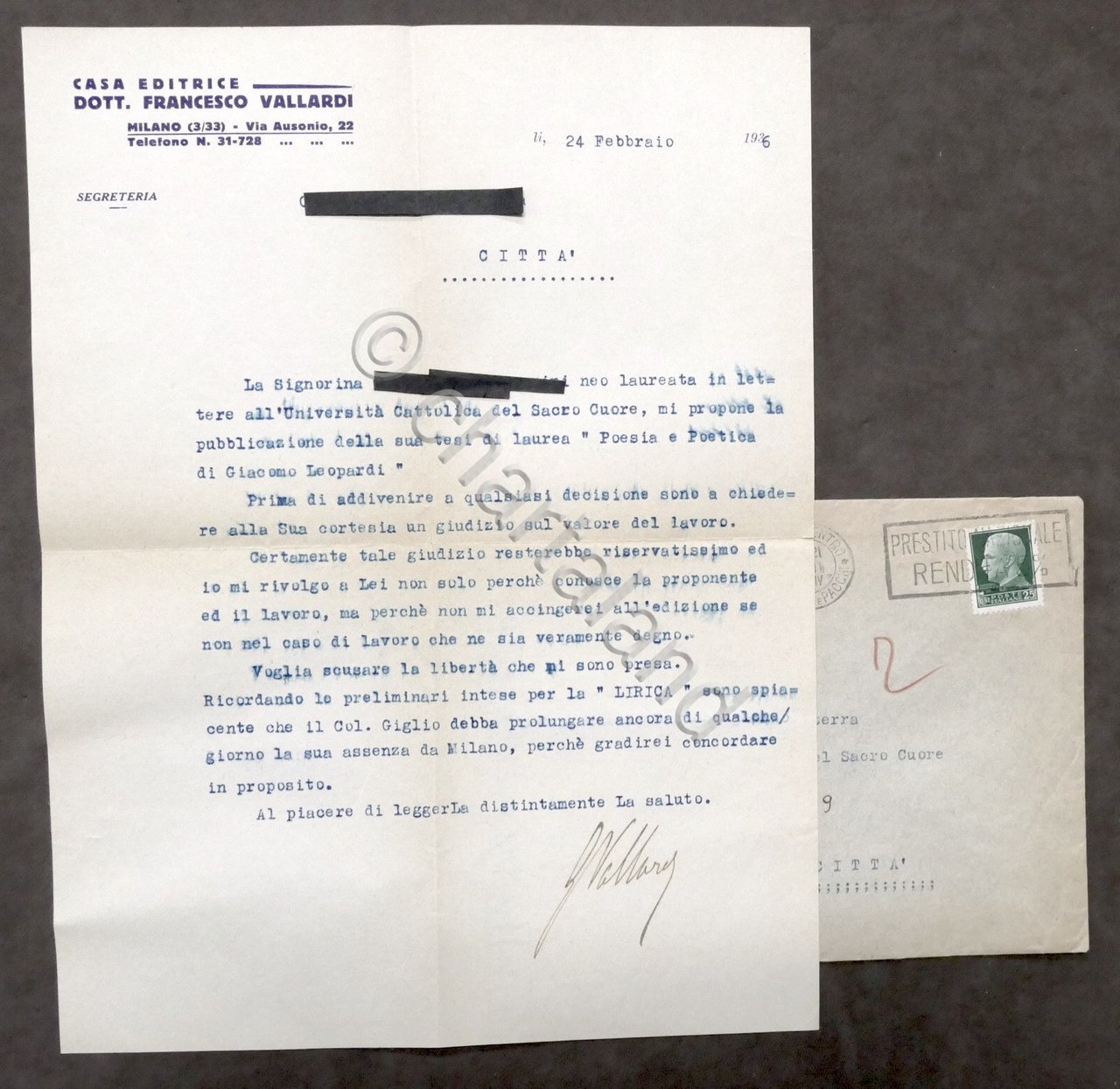 Casa Editrice Francesco Vallardi - febbraio 1936 - Autografo G. …