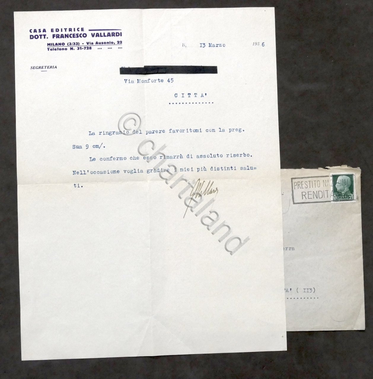 Casa Editrice Francesco Vallardi - marzo 1936 - Autografo G. …