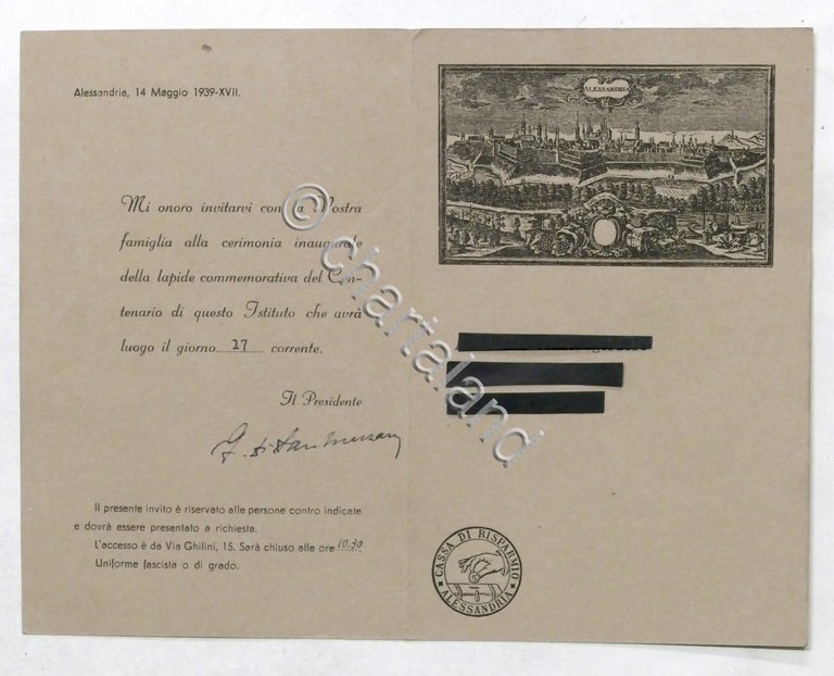 Cassa Risparmio di Alessandria Biglietto invito commemorazione Centenario 1939
