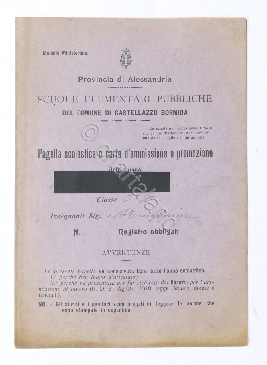 Castellazzo Bormida - Pagella 3^ Classe Elementare - Anno 1913 …