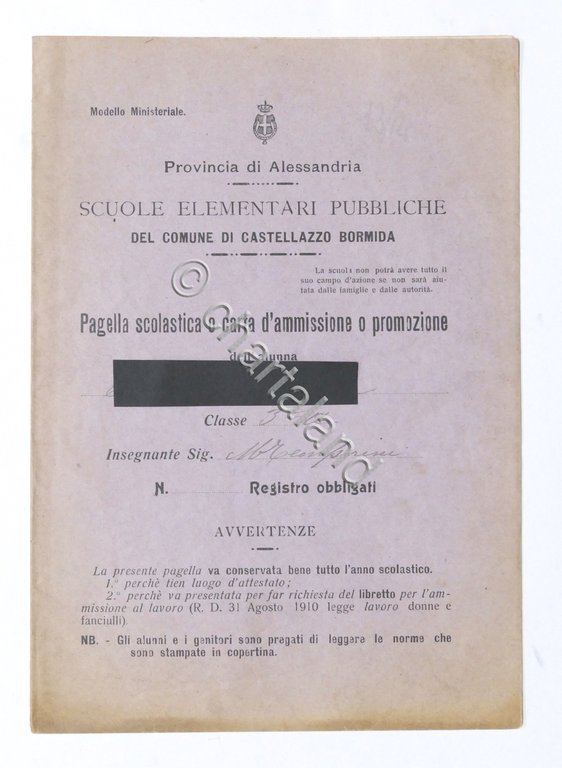 Castellazzo Bormida - Pagella 3^ Classe Elementare - Anno 1913 …