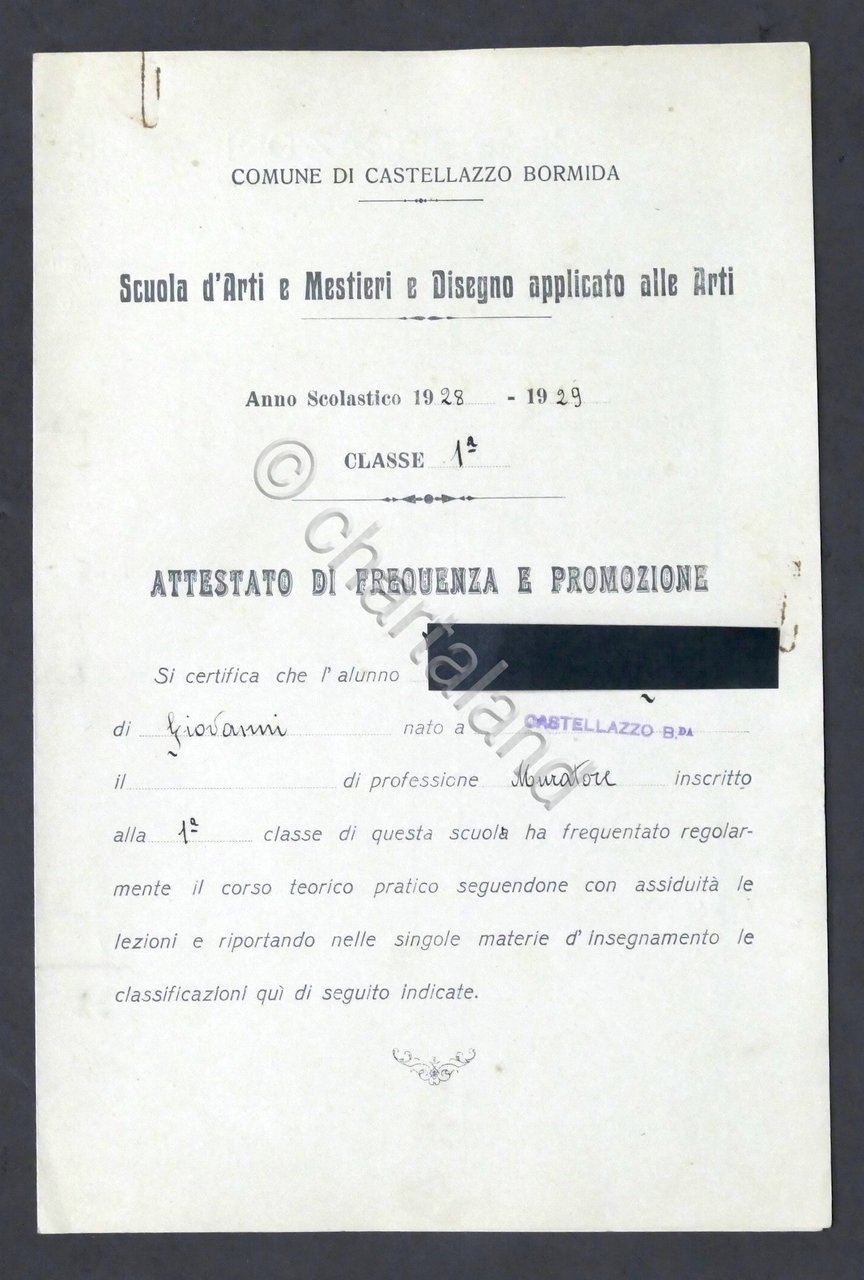 Castellazzo Bormida - Scuola d'Arti - Attestato 1^ Classe - …