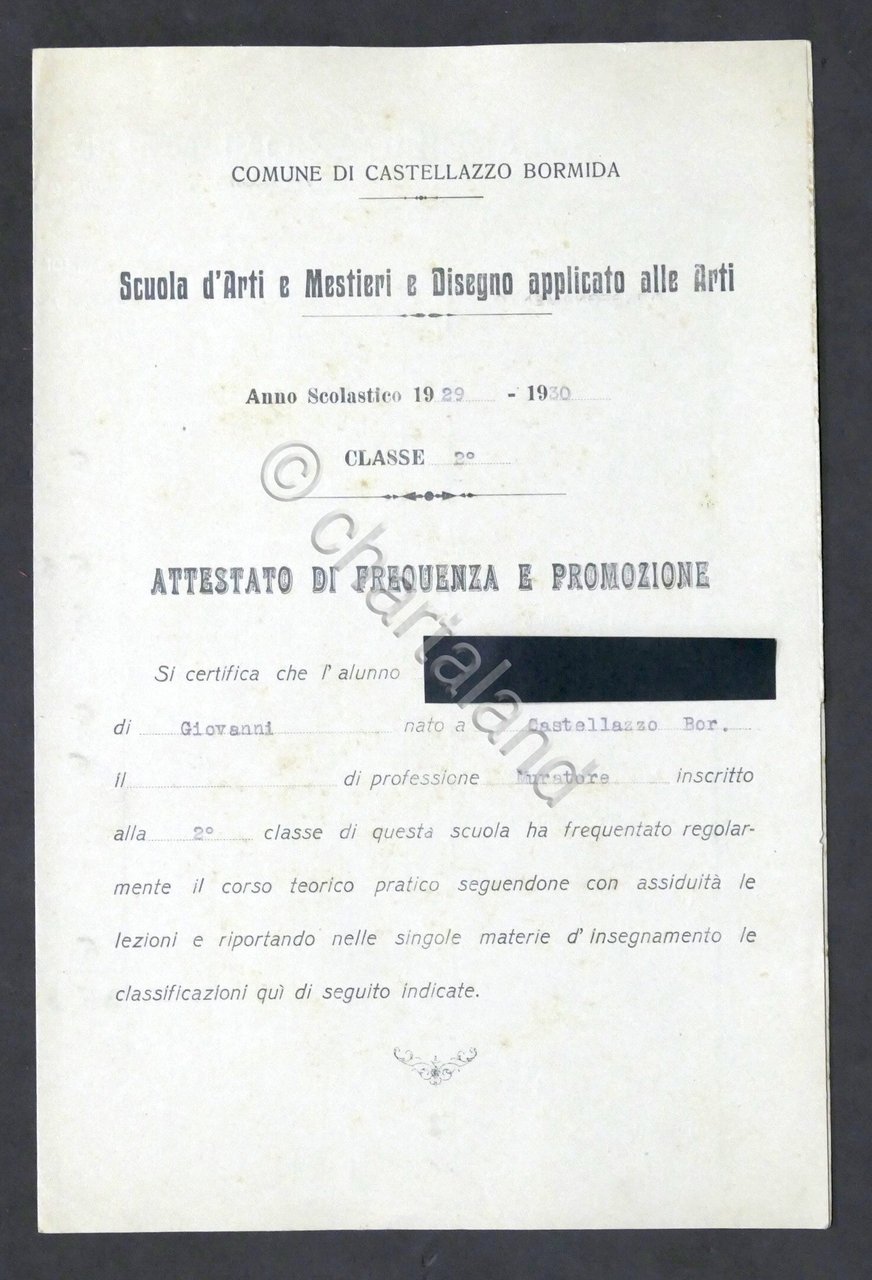 Castellazzo Bormida - Scuola d'Arti - Attestato 2^ Classe - …
