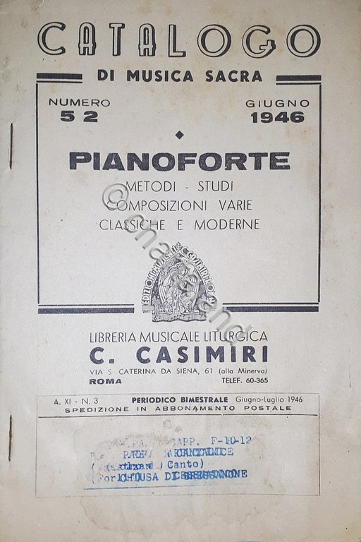 Catalogo di Musica Sacra - Pianoforte - Numero 52 Giugno …