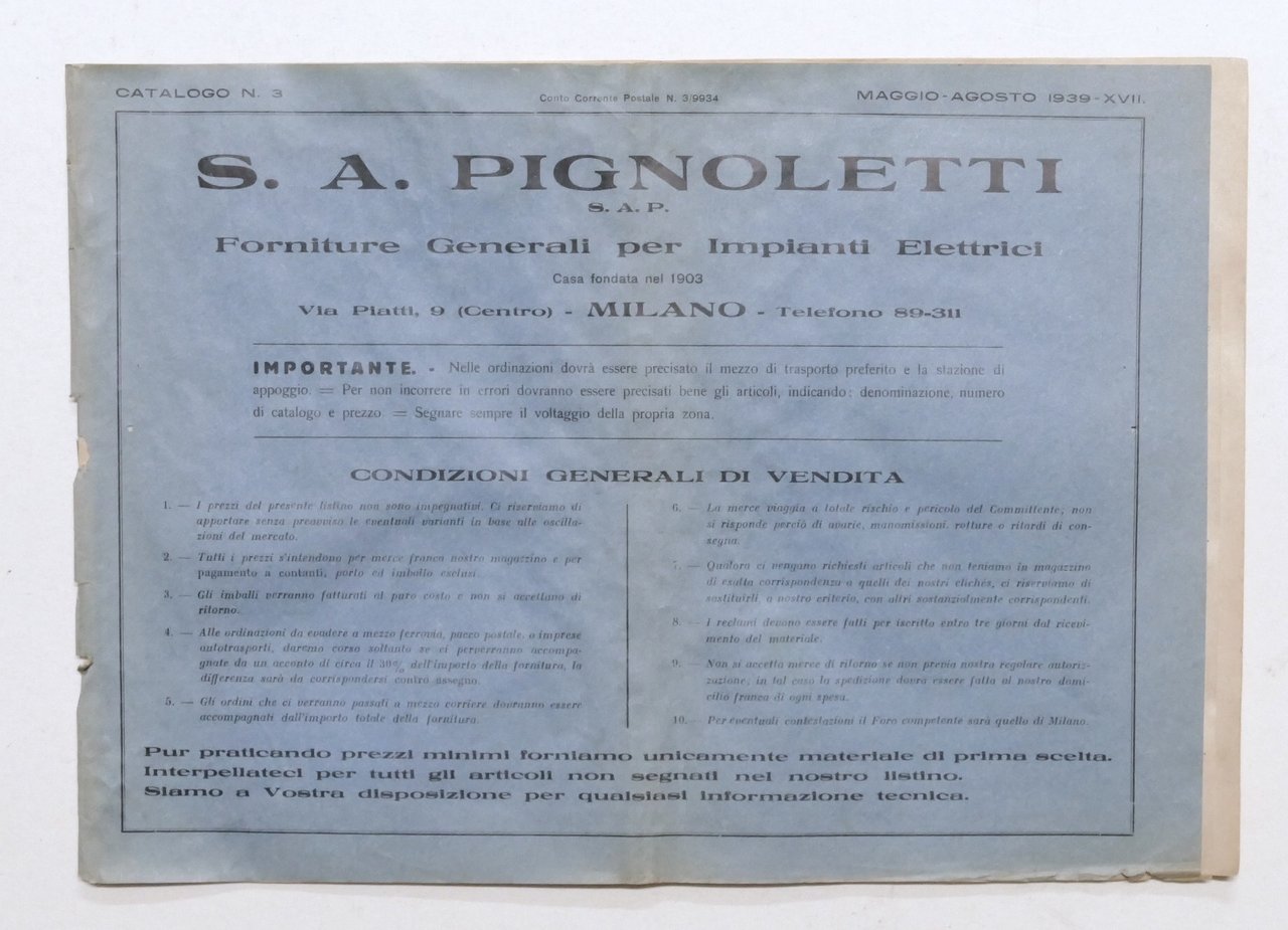 Catalogo illustrato Pignoletti Impianti Elettrici Lampade e Lampadari - 1939 | Immagine principale
