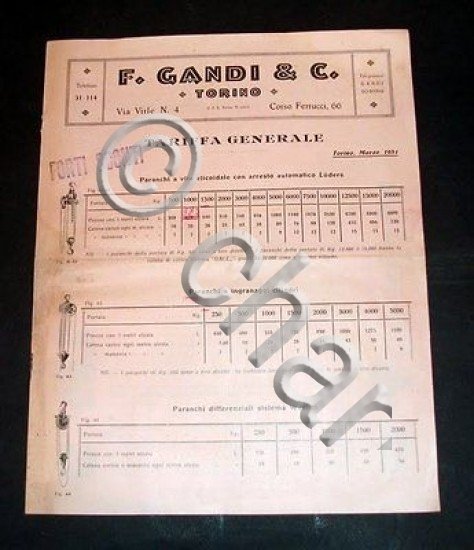 Catalogo Listino F. Gandi - Carrucole paranchi argani - 1931