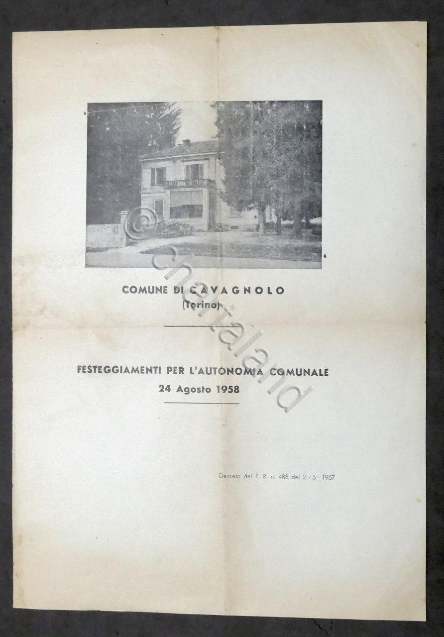 Cavagnolo (Torino) - Festeggiamenti per l'autonomia comunale 1958 - Programma