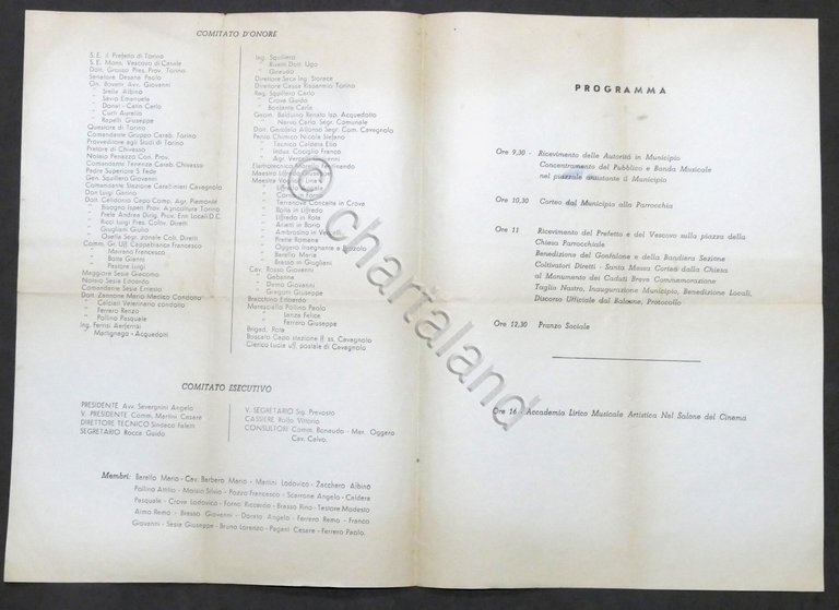 Cavagnolo (Torino) - Festeggiamenti per l'autonomia comunale 1958 - Programma