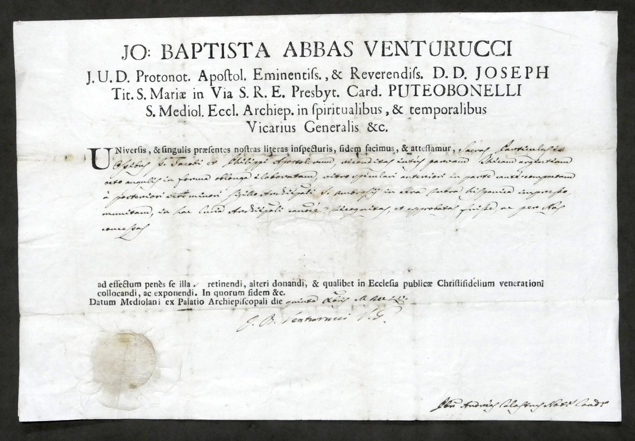 Certificato autentica reliquia di San Giacomo e San Filippo apostoli …