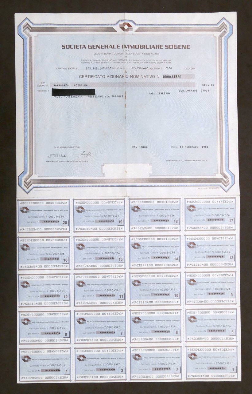 Certificato Azionario 5 Azioni - Società Immobiliare Sogene - 1981 …