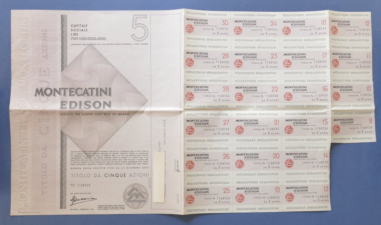 Certificato Azionario 5 Azioni Società Montecatini Edison - con cedole …