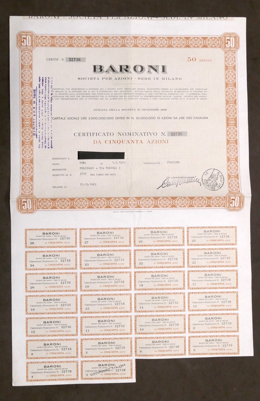 Certificato Azionario 50 Azioni - Società Baroni - Milano - …