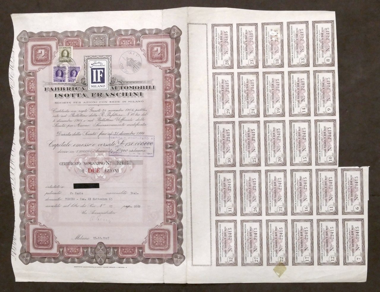 Certificato Azionario Fabbrica Automobili Isotta Fraschini - Due Azioni - …