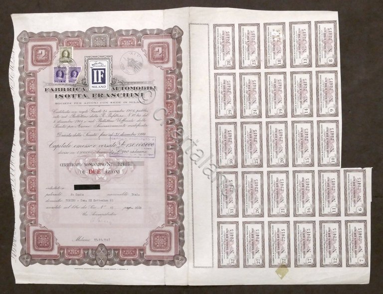 Certificato Azionario Fabbrica Automobili Isotta Fraschini - Due Azioni - …