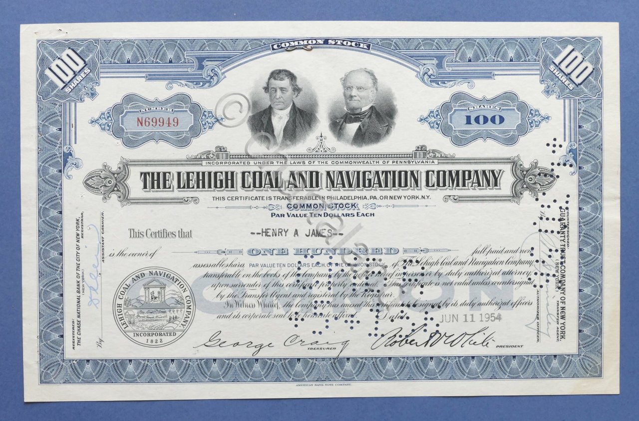 Certificato Azionario The Lehigh Coal and Navigation Company - 100 … | Immagine principale