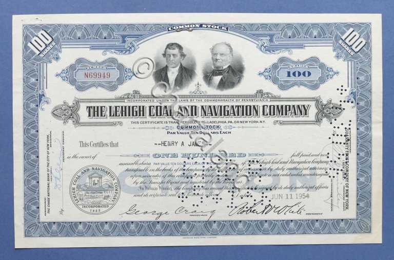 Certificato Azionario The Lehigh Coal and Navigation Company - 100 … | Immagine Gallery 2