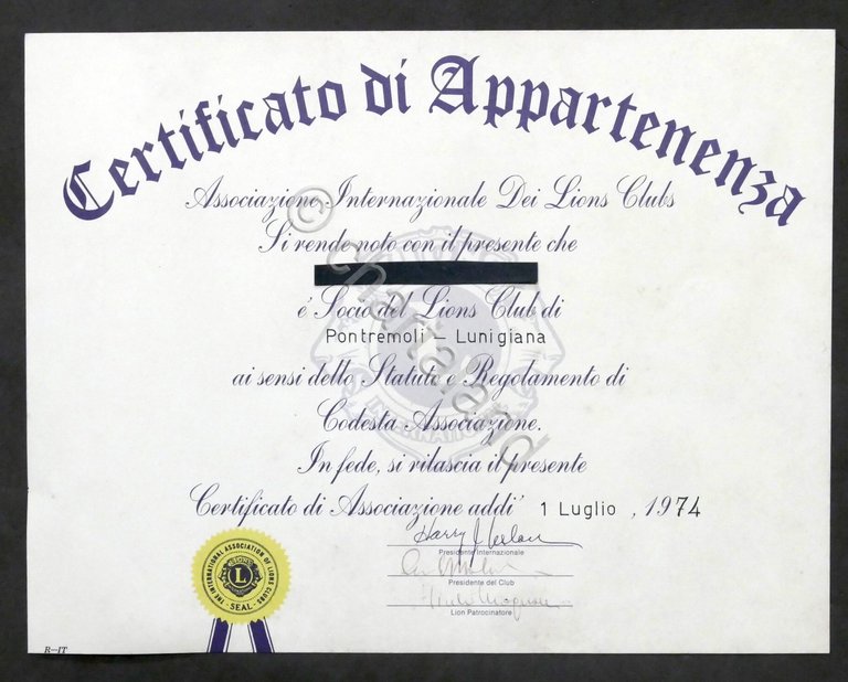 Certificato di Appartenenza Associazione Lions Club di Pontremoli Lunigiana 1974