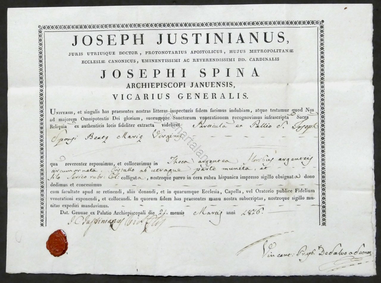 Certificato di autentica reliquia di San Giuseppe - 1816