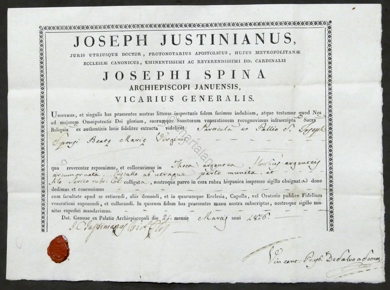 Certificato di autentica reliquia di San Giuseppe - 1816
