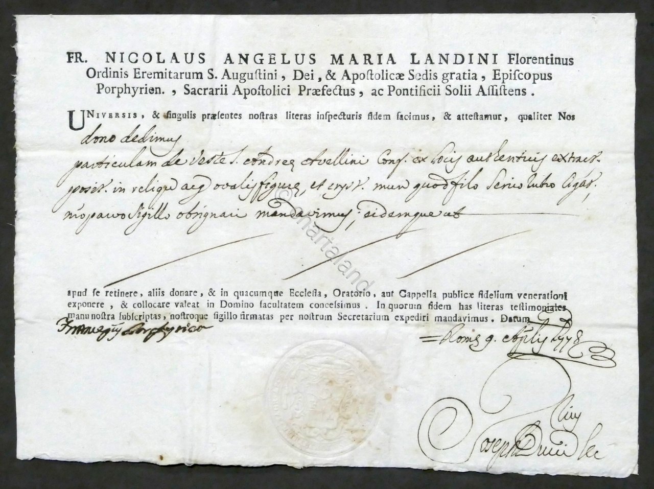 Certificato di autentica reliquia di Sant' Andrea - 1778