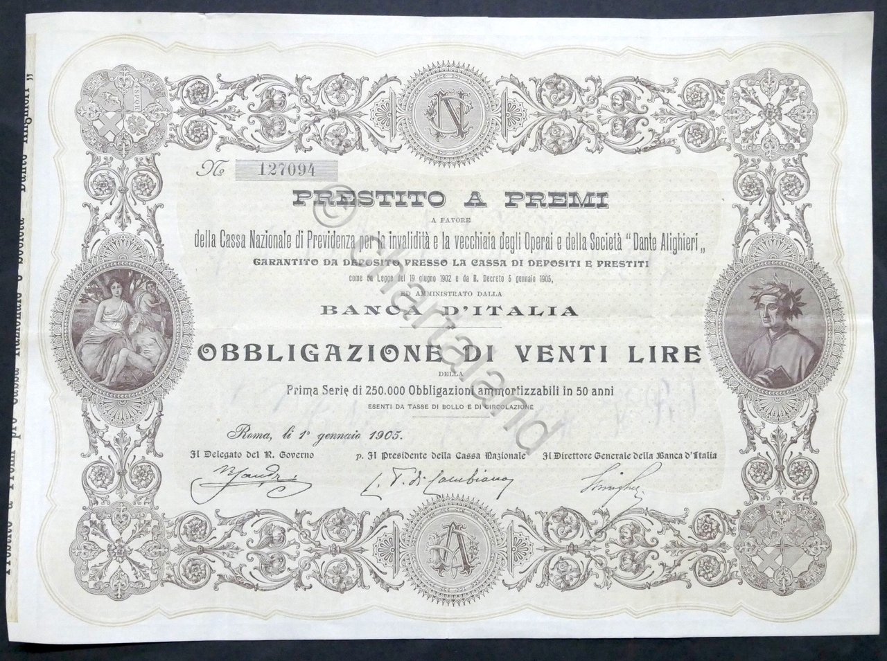 Certificato Obbligazionario Prestito a Premi - Obbligazione di Venti Lire …