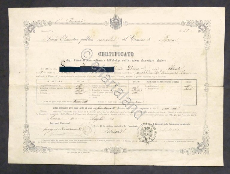 Certificato proscioglimento obbligo istruzione elementare inferiore - Ivrea 1890 | Immagine Gallery 2