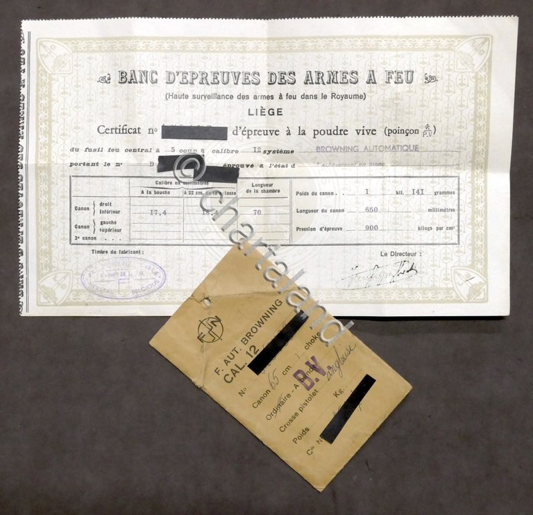 Certificato Prova Armi Browning Automatique Cal. 12 Banc d'Epreuves Liege …