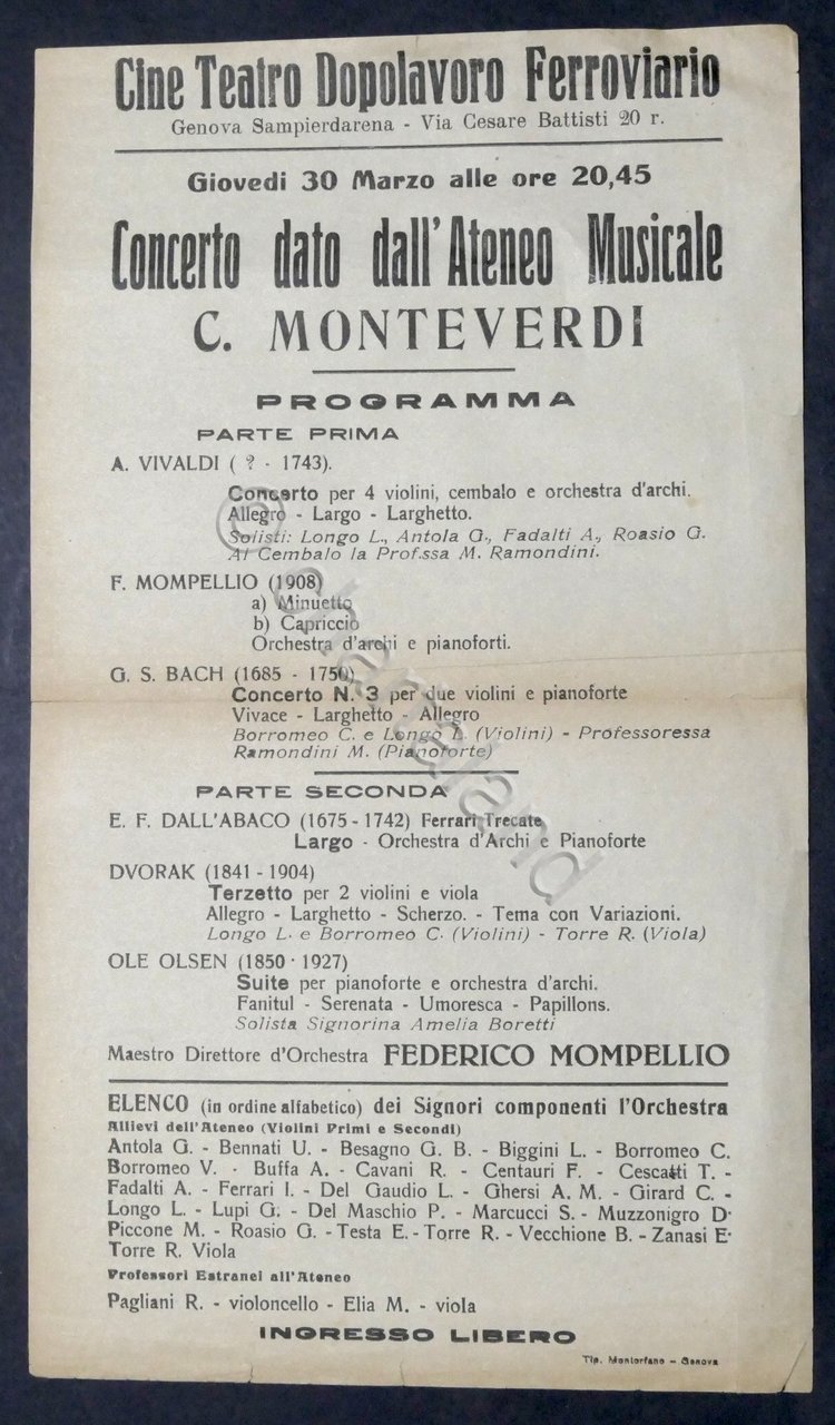 Cine Teatro Dopolavoro Ferroviario - Genova: Locandina Concerto - 1930 …