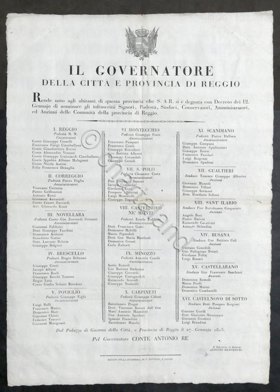 Città e Provincia di Reggio - Elenco Sindaci, Podestà, Amministratori - 1815