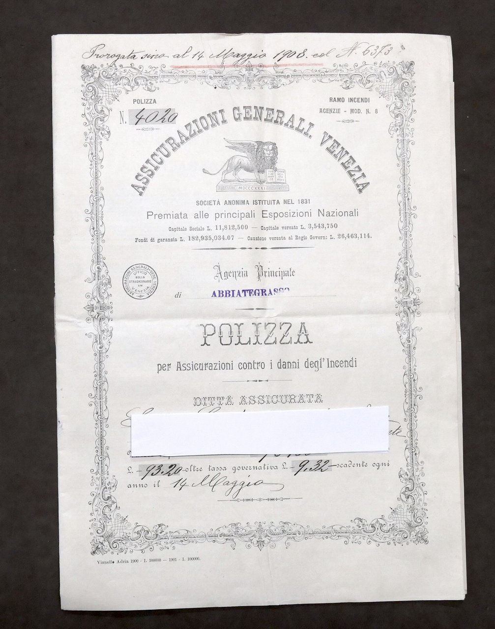 Collezionismo - Assicurazioni Generali Venezia - Polizza danni incendi - …