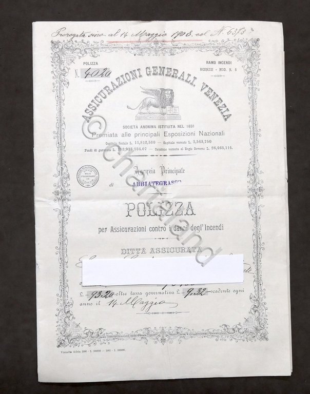 Collezionismo - Assicurazioni Generali Venezia - Polizza danni incendi - …