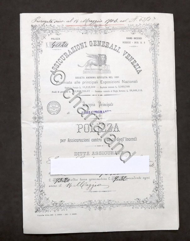 Collezionismo - Assicurazioni Generali Venezia - Polizza danni incendi - …
