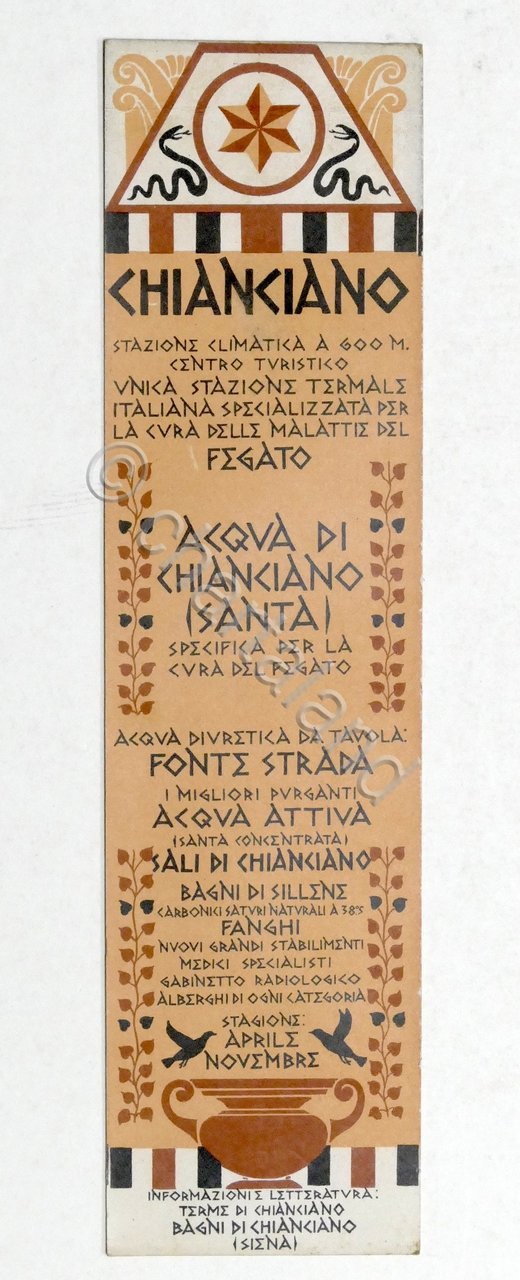 Collezionismo - Segnalibro Terme di Chianciano - Siena / Acque …