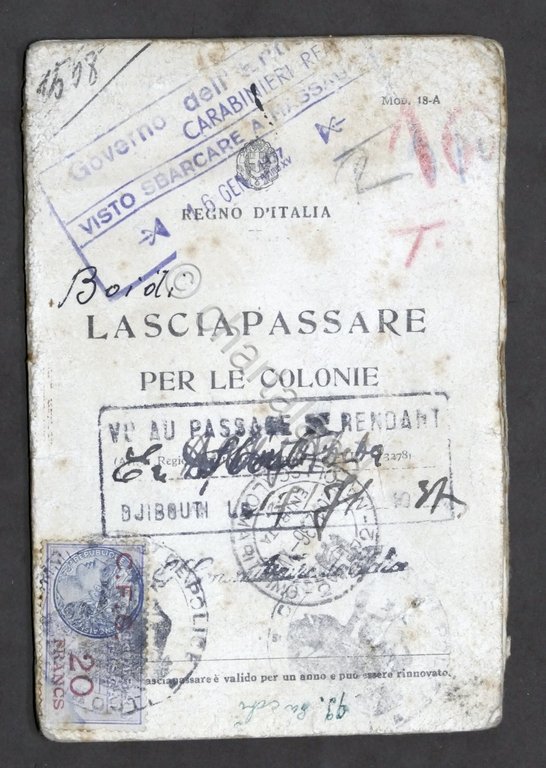 Colonialismo Eritrea Lasciapassare per Colonie Carabinieri Reali - Massaua 1936