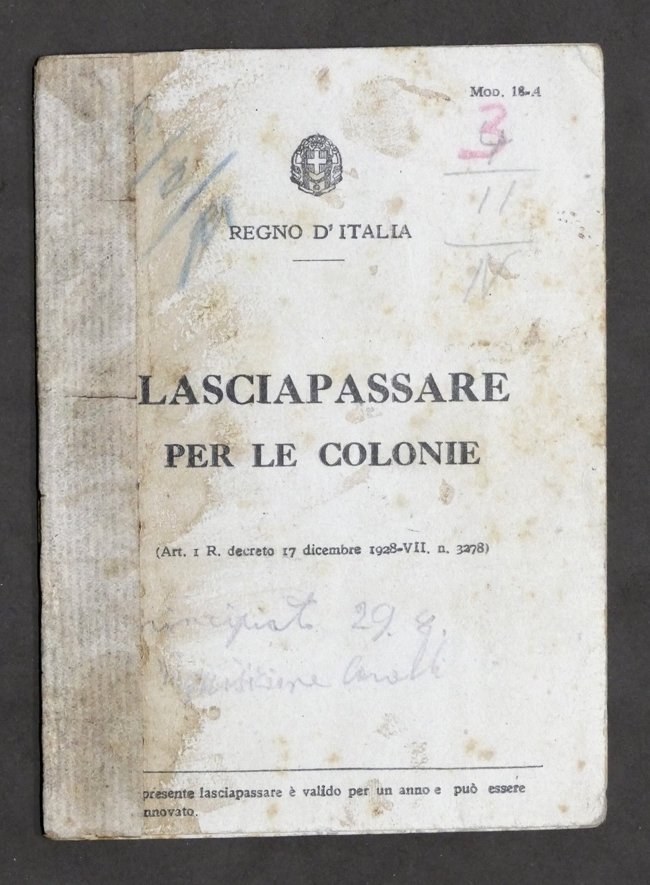 Colonialismo Eritrea Lasciapassare per le Colonie Addis Abeba 1939