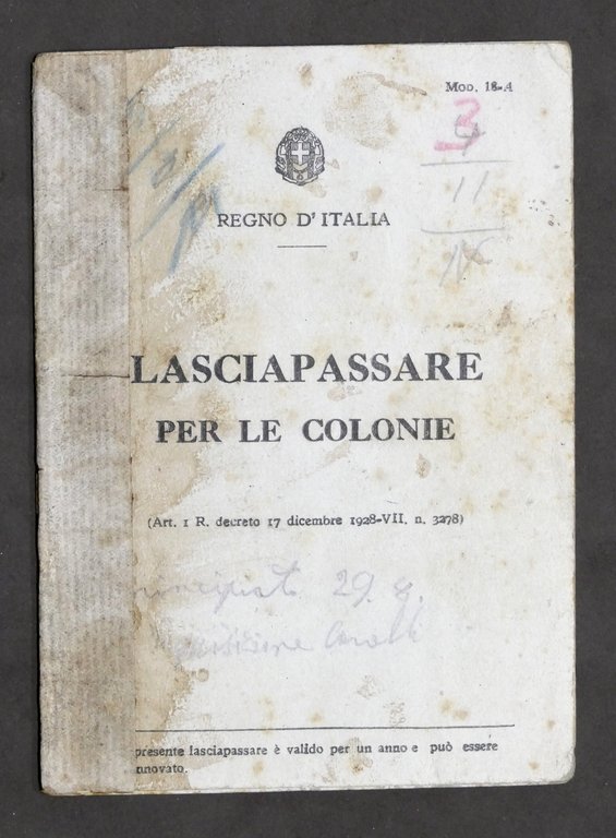 Colonialismo Eritrea Lasciapassare per le Colonie Addis Abeba 1939