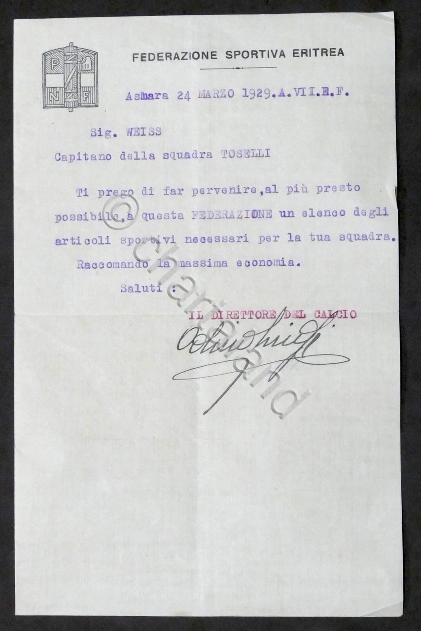 Colonialismo italiano - Lettera Federazione Sportiva Eritrea - Asmara 1929