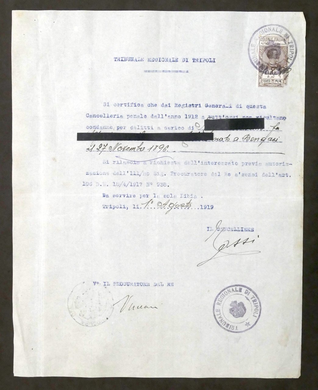 Colonialismo Tripoli - Certificato assenza condanne - 1919 Marca da …