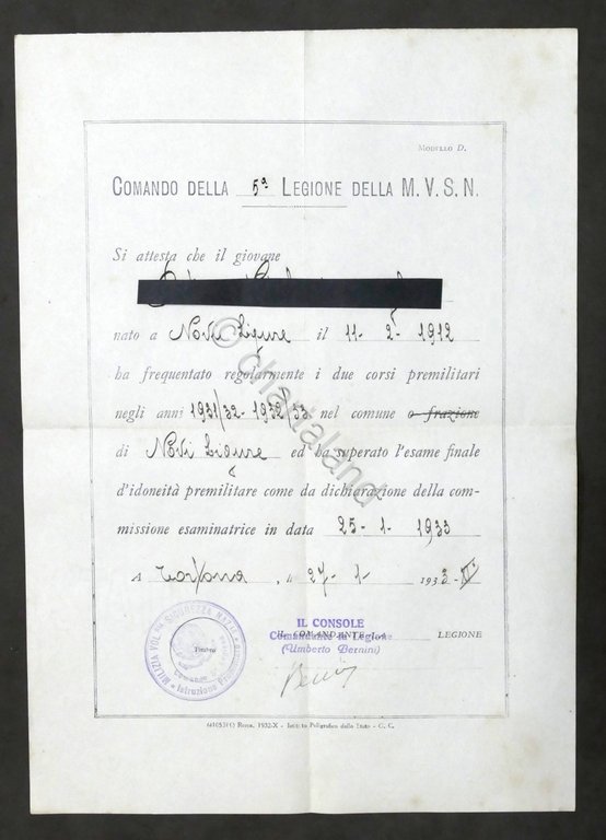 Comando 5^ Legione M.V.S.N. - Attestato corsi premilitari - Novi …