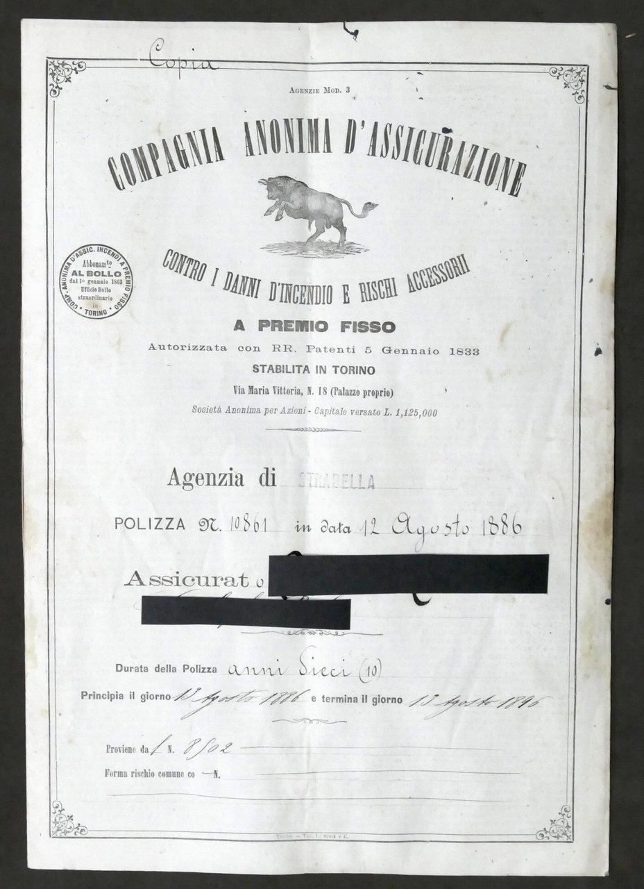 Compagnia Anonima di Assicurazione Polizza contro danni incendio Stradella 1886