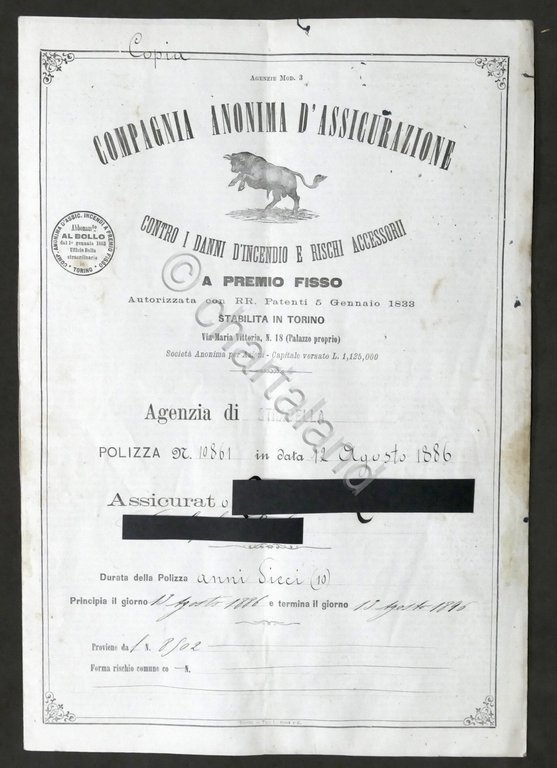 Compagnia Anonima di Assicurazione Polizza contro danni incendio Stradella 1886