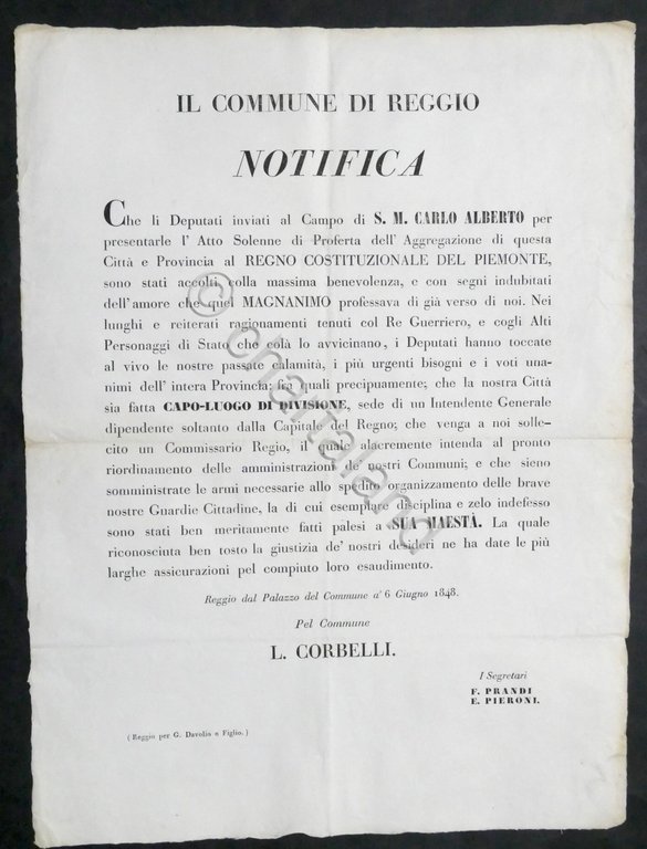 Comune di Reggio - Notifica richieste dopo unione al Regno del Piemonte - 1848
