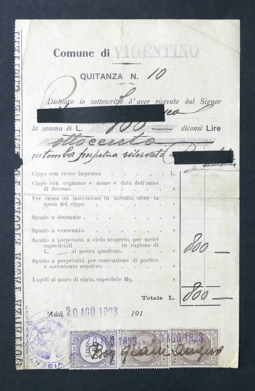 Comune di Vigentino (Milano) - Quietanza di Pagamento per tomba …