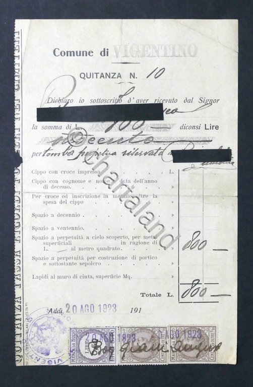 Comune di Vigentino (Milano) - Quietanza di Pagamento per tomba …