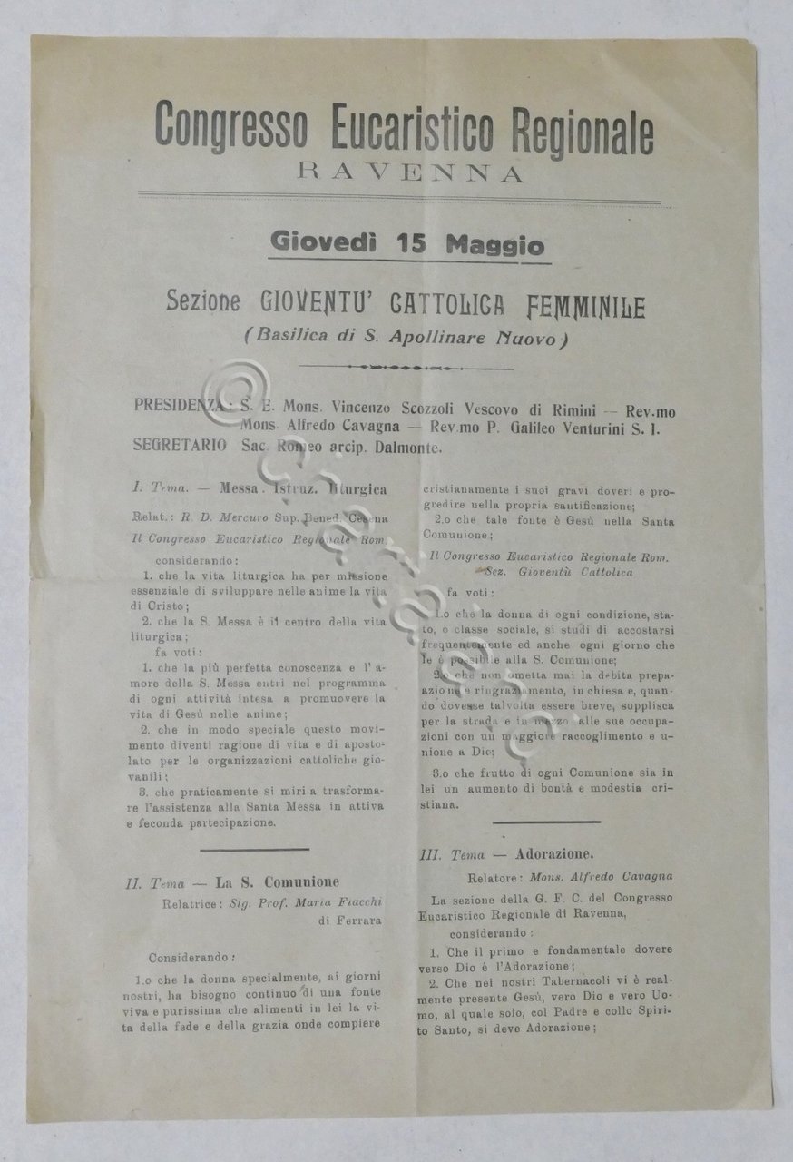 Congresso Eucaristico Regionale - Ravenna - Foglio informativo - 1920 …