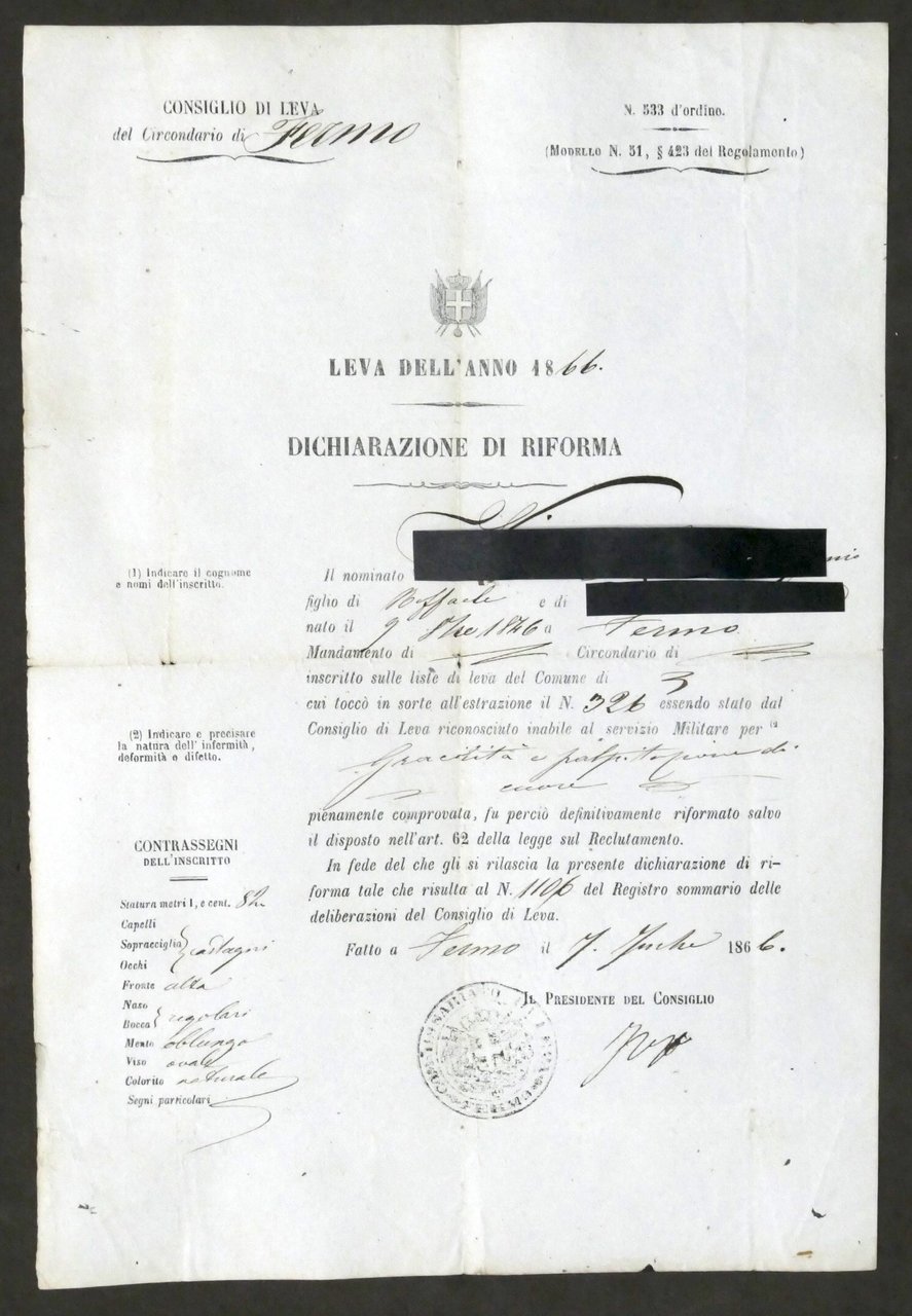 Consiglio di Leva dell'Anno 1866 Circondario di Fermo - Dichiarazione … | Immagine principale